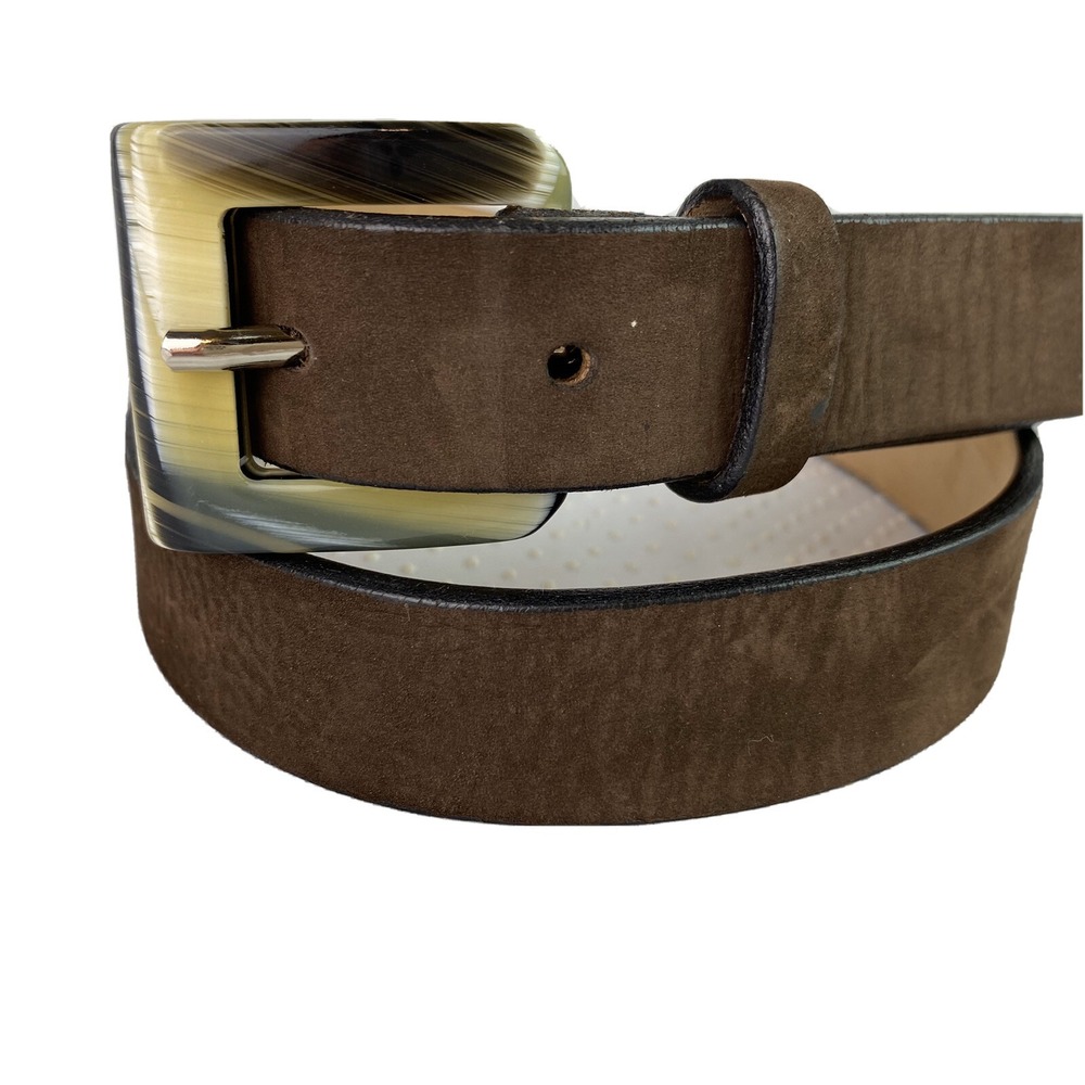 Tanner Womens Belt Dark Brown Leather Medium Yellow Green Buckle 1" Width Italy
